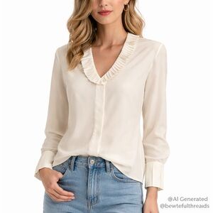 Lucia Vintage Cream Ruffle Neck Blouse Size 40 (Fits M–L)